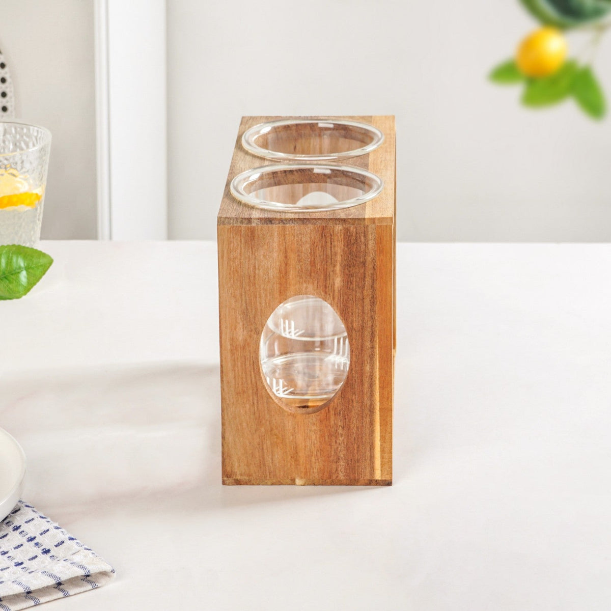 Rustic Wooden Cutlery Stand With Glass Holders Nestasia