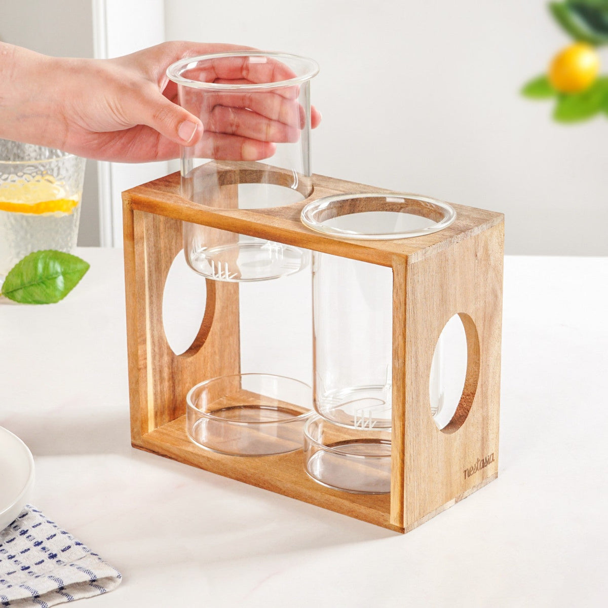 Rustic Wooden Cutlery Stand With Glass Holders Nestasia