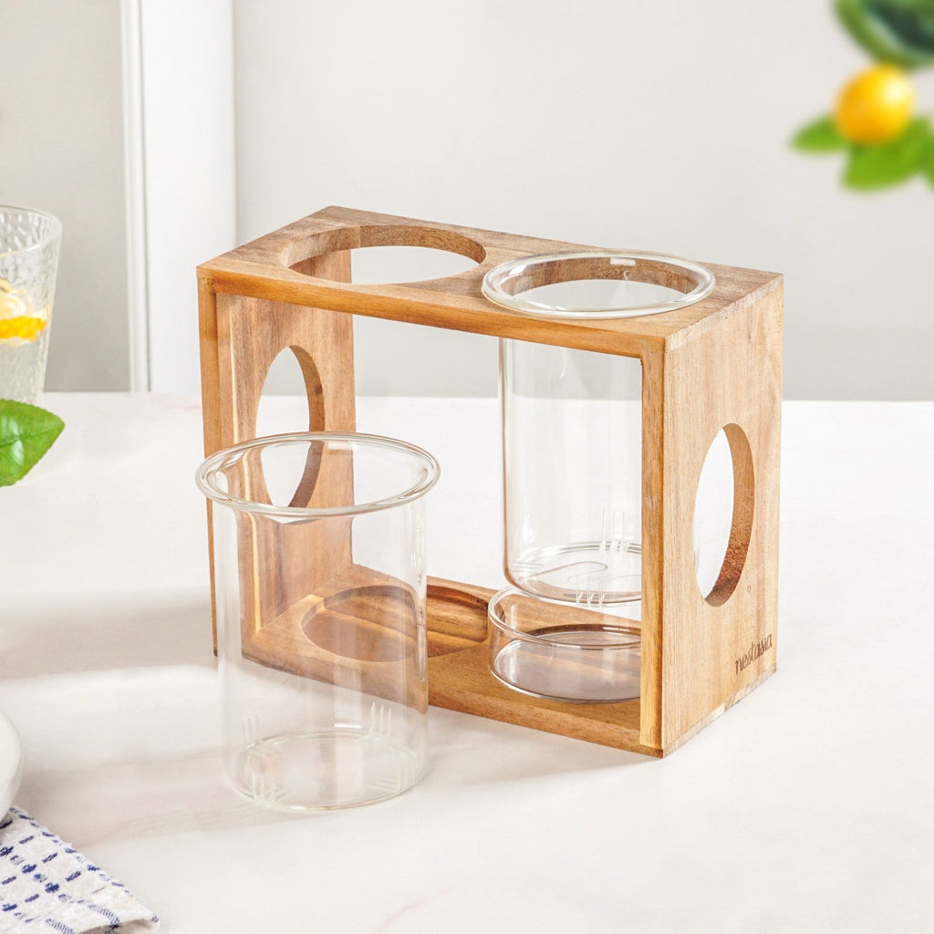 Rustic Wooden Cutlery Stand With Glass Holders Nestasia