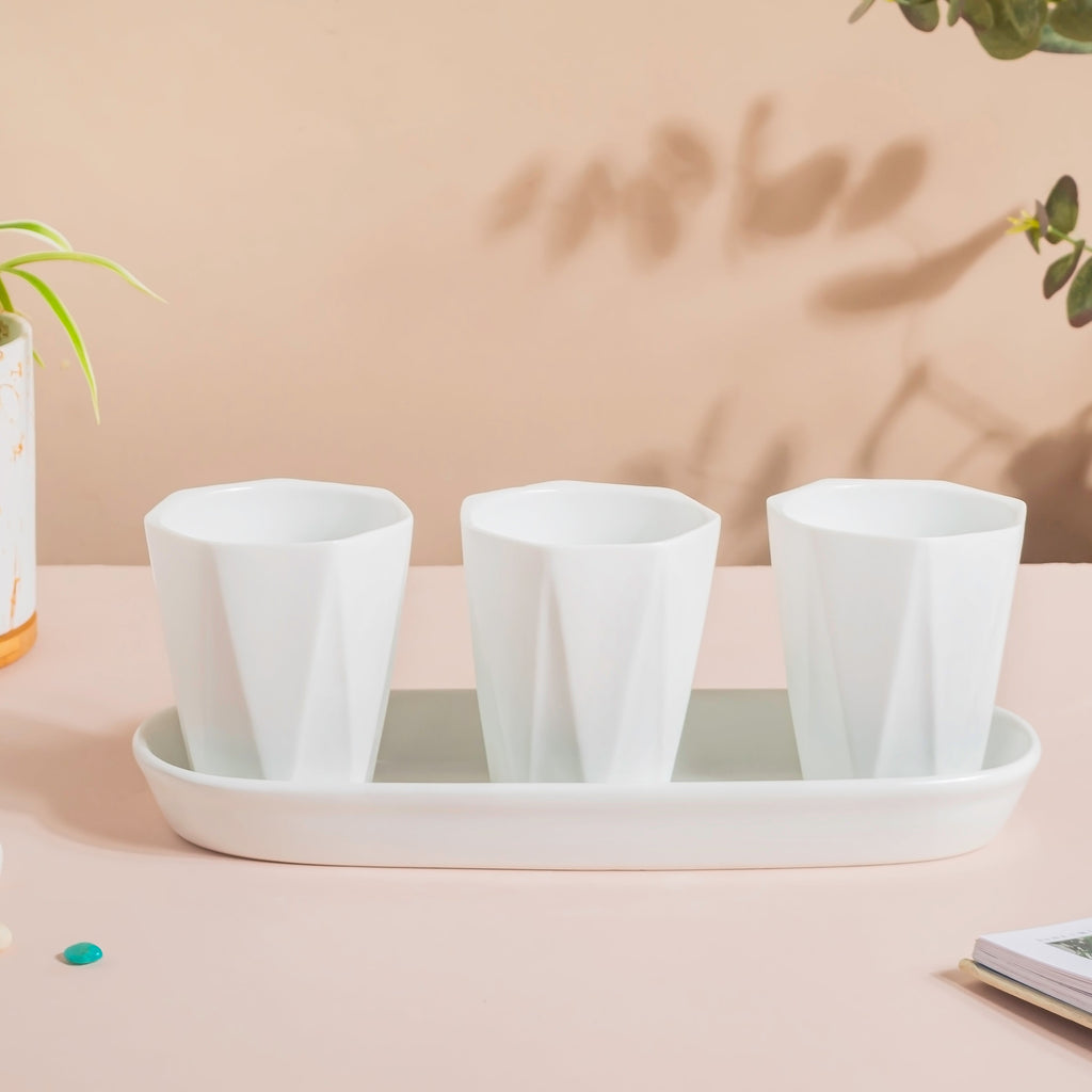 Ternion Textured Planter Set Of 3 With Plate White Nestasia