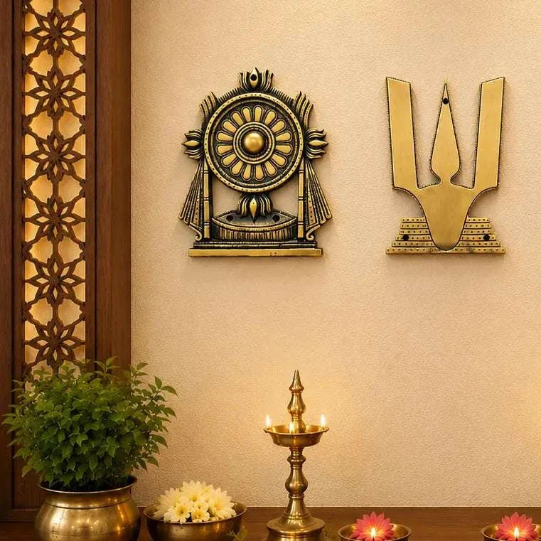 Brass Shankh Chakra Namah Wall Hanging Set (9.5 Inch) Vedansh Craft