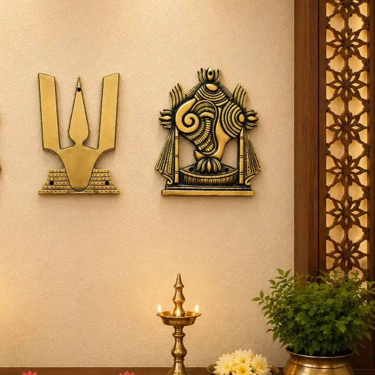 Brass Shankh Chakra Namah Wall Hanging Set (9.5 Inch) Vedansh Craft