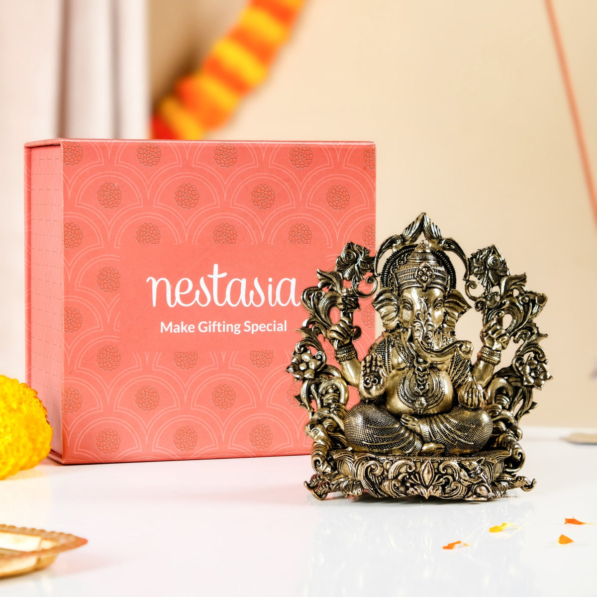 Sacred Chaturbhuj Ganesha Pure Brass Idol With Gift Box 10cm Nestasia