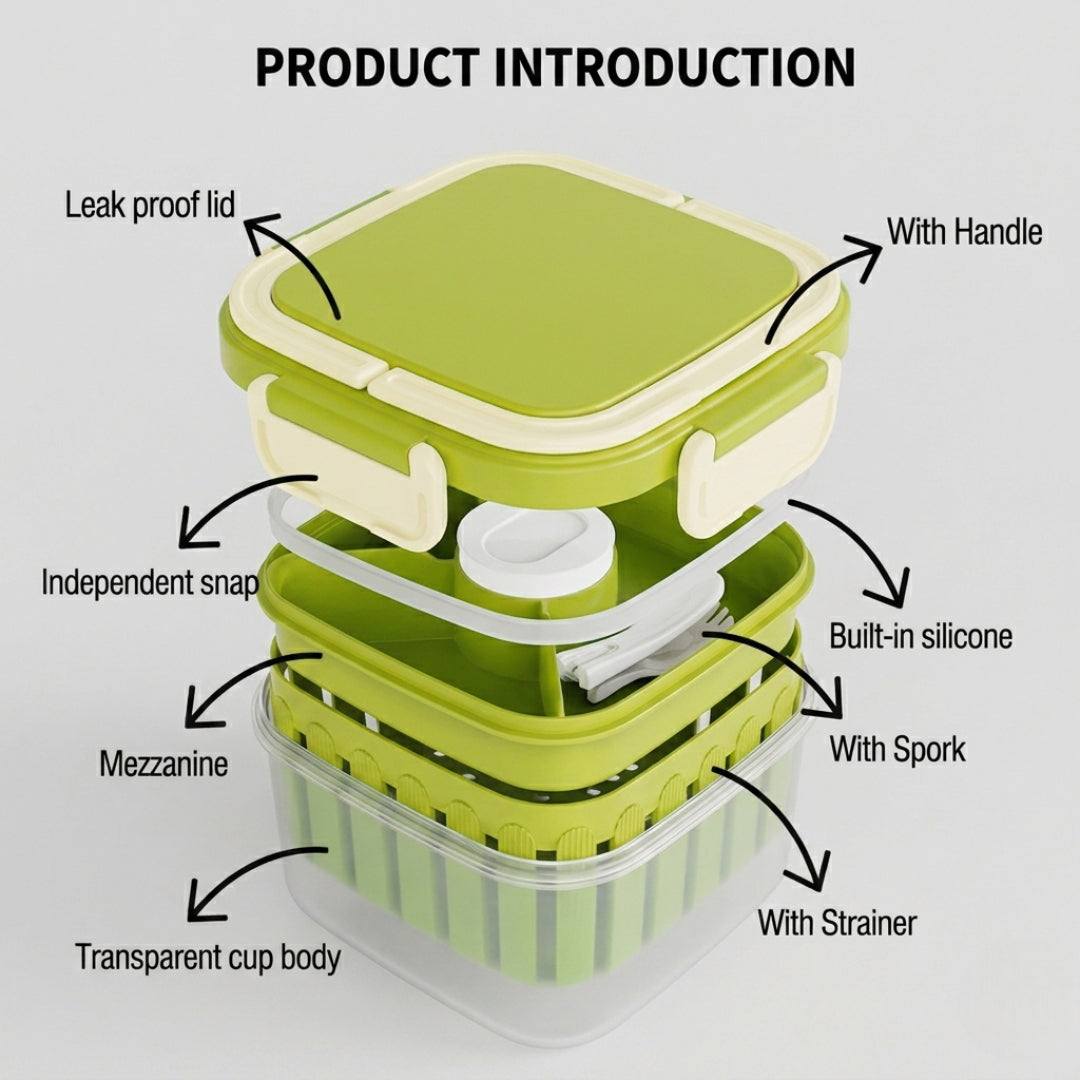 Crispo Salad Box With Dressing Cup And Spoon Green 1350ml Nestasia