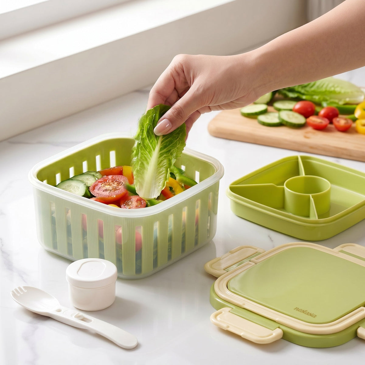 Crispo Salad Box With Dressing Cup And Spoon Green 1350ml Nestasia
