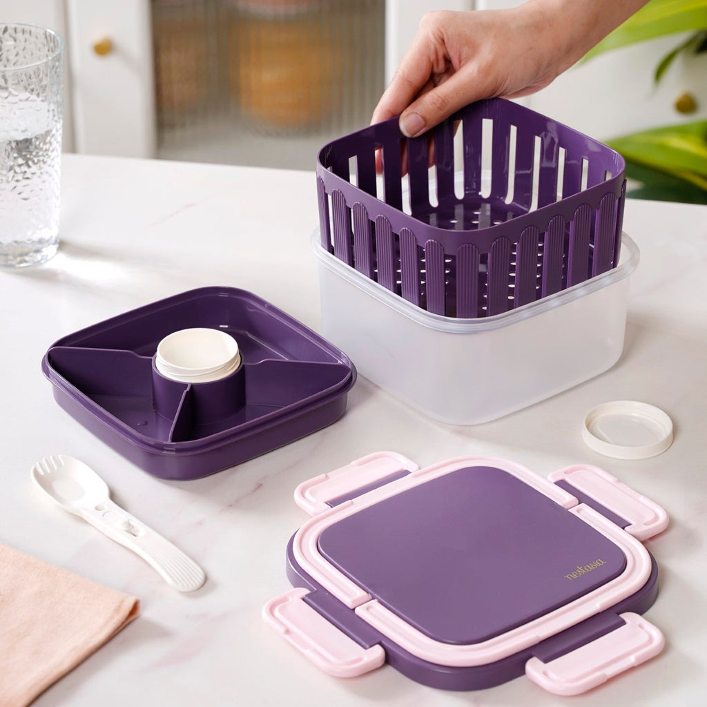 Crispo Salad Box With Dressing Cup And Spoon Purple 1350ml Nestasia