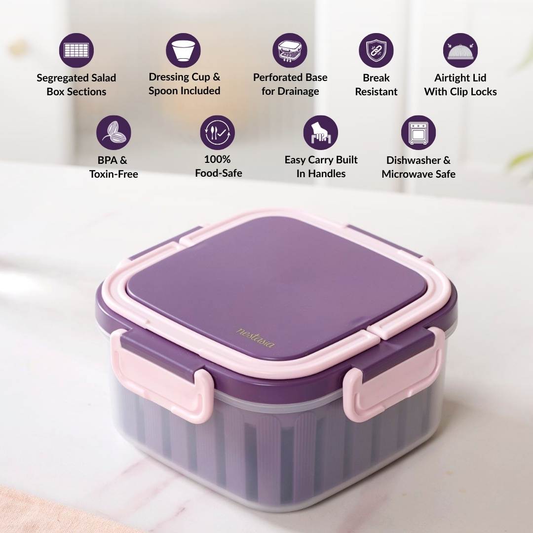Crispo Salad Box With Dressing Cup And Spoon Purple 1350ml Nestasia