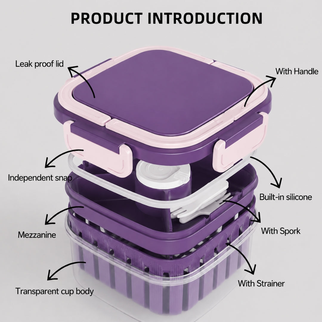 Crispo Salad Box With Dressing Cup And Spoon Purple 1350ml Nestasia