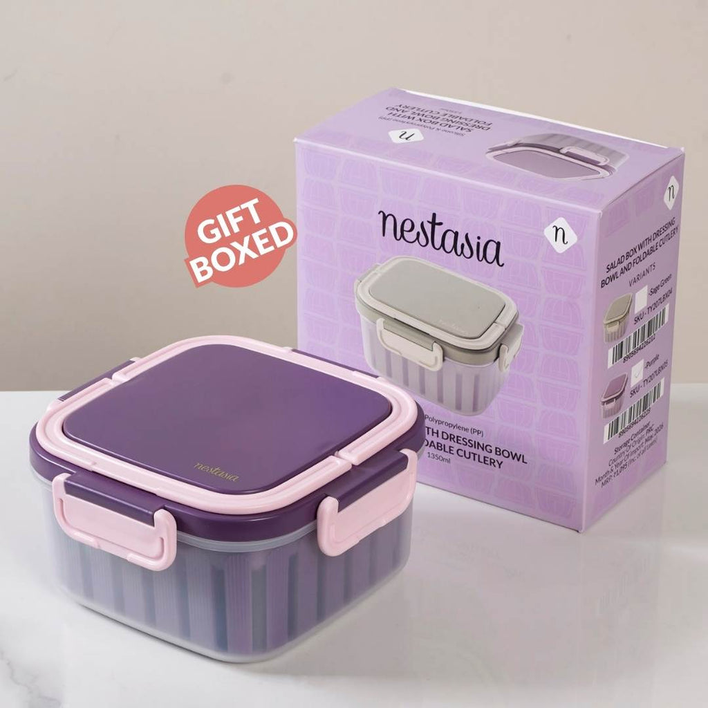 Crispo Salad Box With Dressing Cup And Spoon Purple 1350ml Nestasia