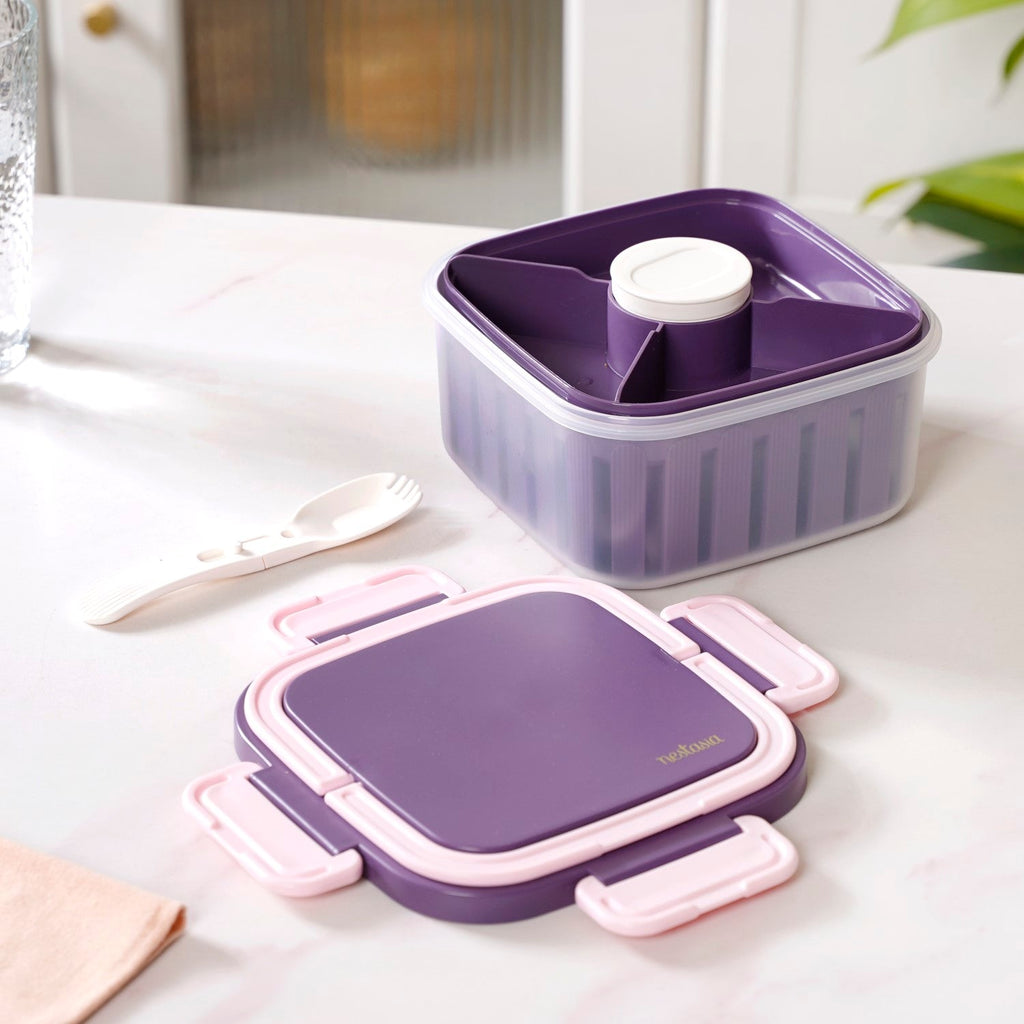 Crispo Salad Box With Dressing Cup And Spoon Purple 1350ml Nestasia