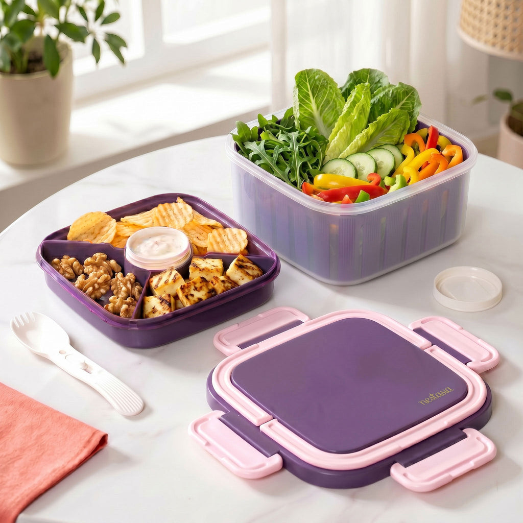 Crispo Salad Box With Dressing Cup And Spoon Purple 1350ml Nestasia