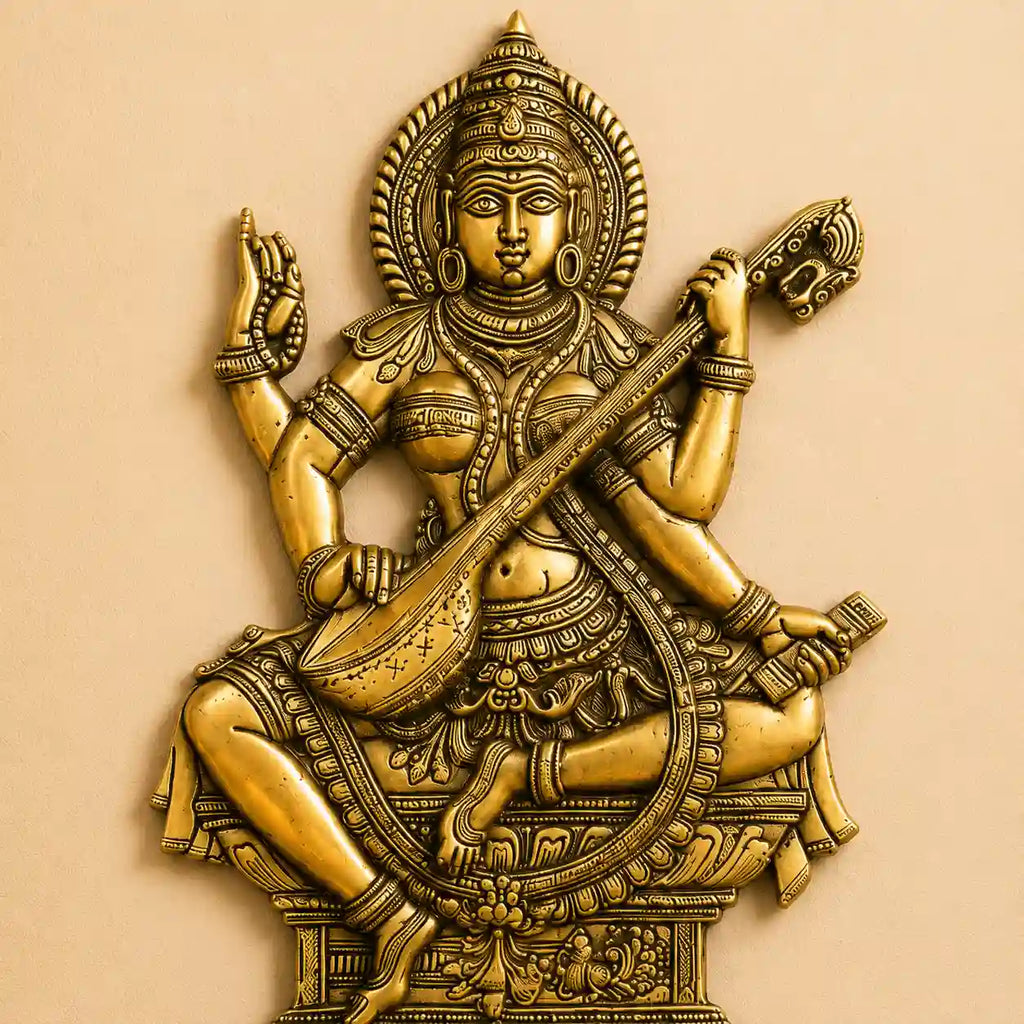 Brass Goddess Saraswati Wall Hanging Idol (14.5 Inch) Vedansh Craft