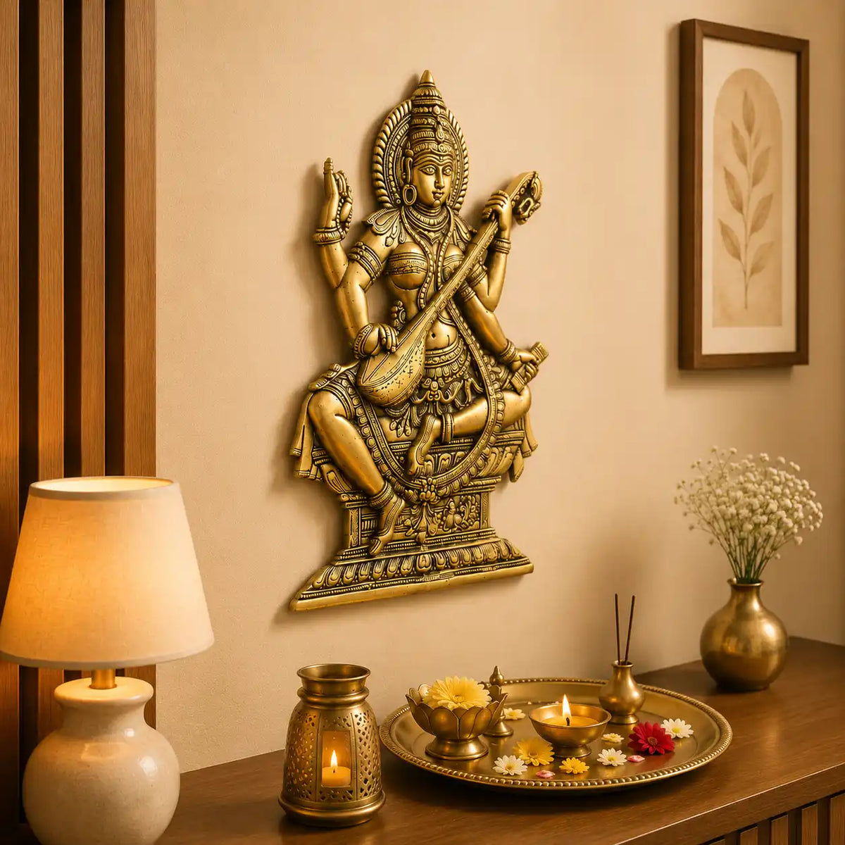 Brass Goddess Saraswati Wall Hanging Idol (14.5 Inch) Vedansh Craft