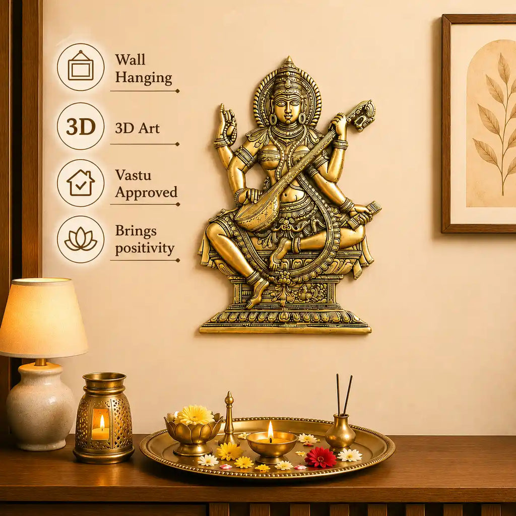 Brass Goddess Saraswati Wall Hanging Idol (14.5 Inch) Vedansh Craft