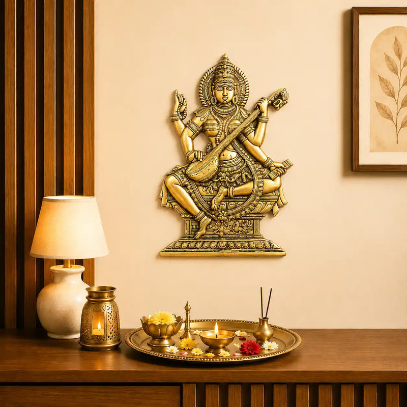 Brass Goddess Saraswati Wall Hanging Idol (14.5 Inch) Vedansh Craft