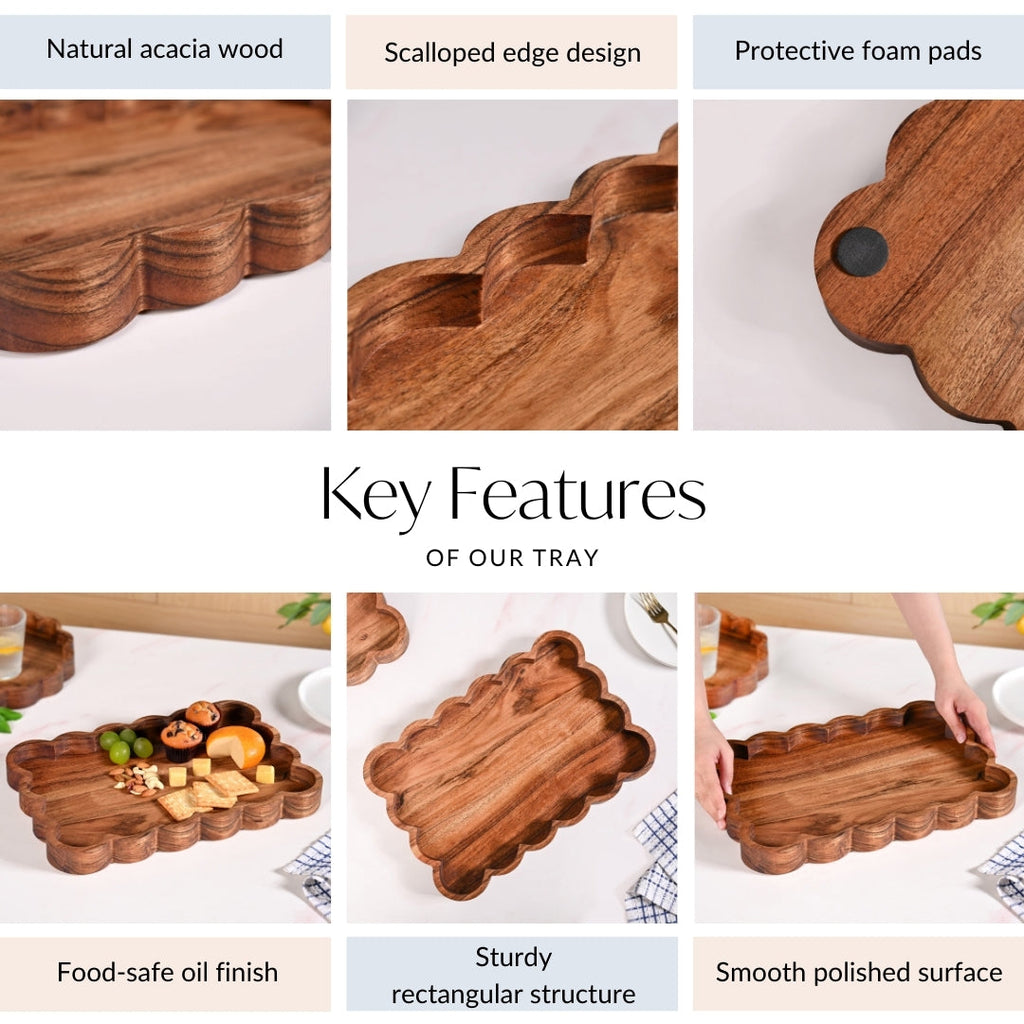 Scallop Acacia Wood Rectangle Serving Platter 38x26cm Nestasia