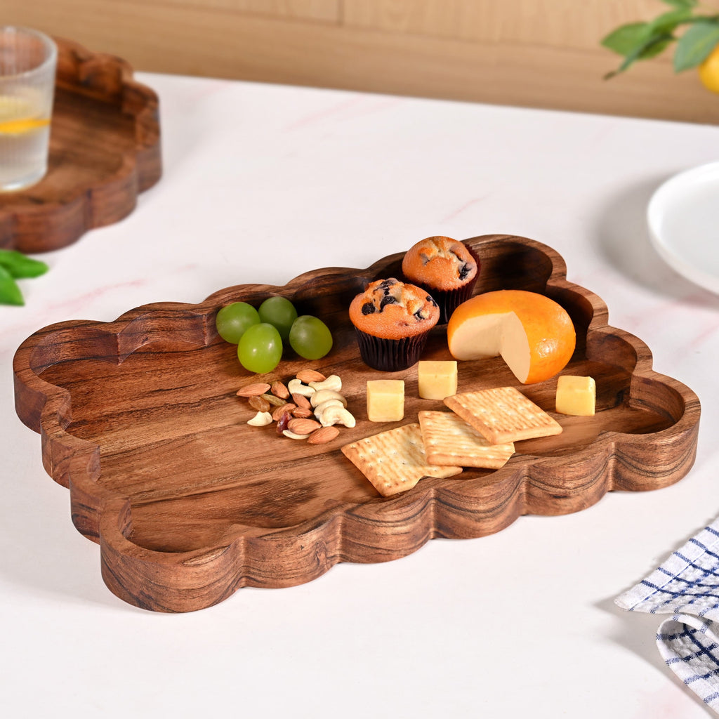 Scallop Acacia Wood Rectangle Serving Platter 38x26cm Nestasia