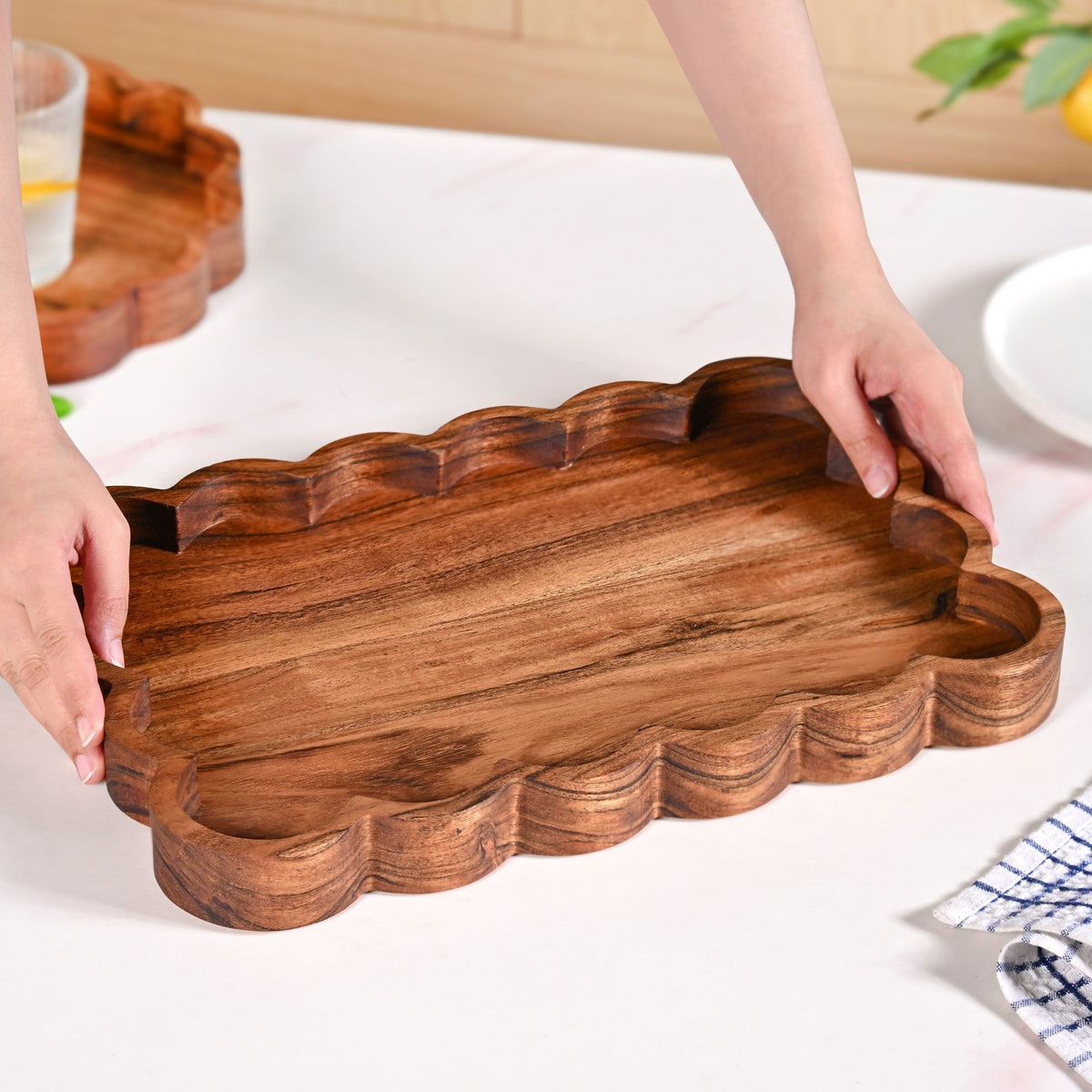 Scallop Acacia Wood Rectangle Serving Platter 38x26cm Nestasia