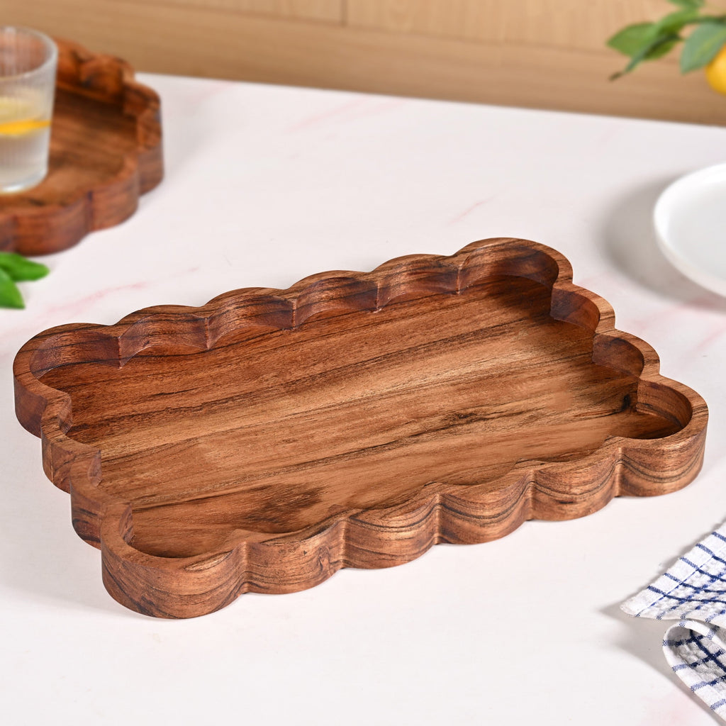 Scallop Acacia Wood Rectangle Serving Platter 38x26cm Nestasia