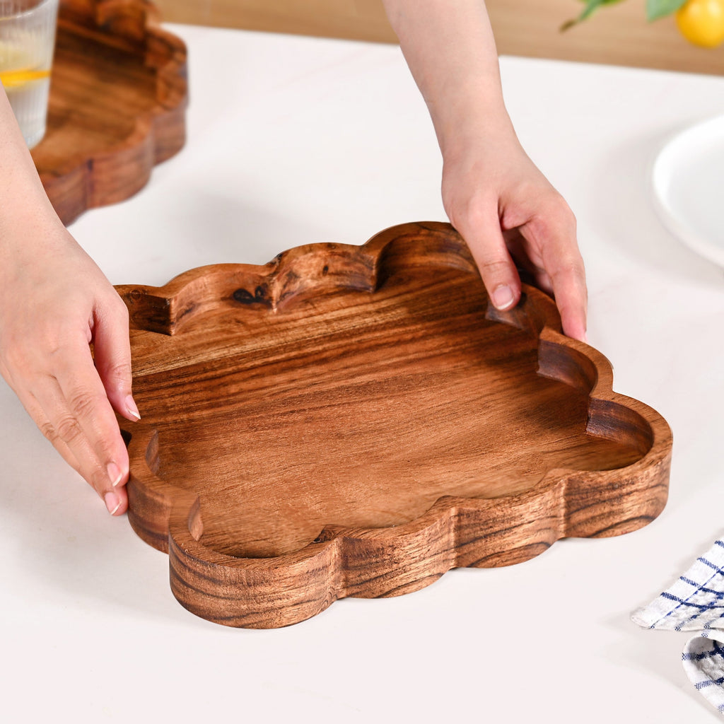 Scallop Acacia Wood Square Serving Platter 26x26cm Nestasia