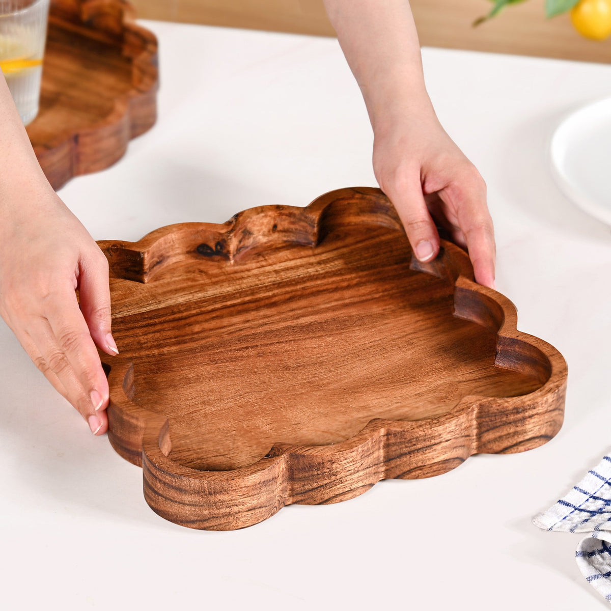 Scallop Acacia Wood Square Serving Platter 26x26cm Nestasia