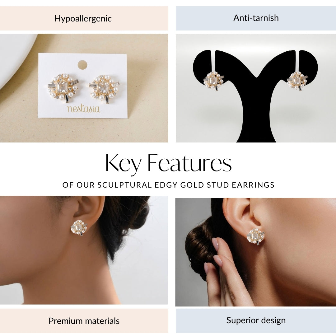 Sculptural Edgy Gold Stud Earrings Nestasia