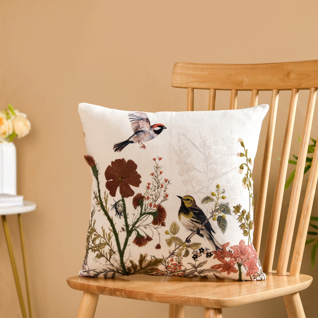 Serene Songbird Embroidered Cotton Cushion Cover 40x40cm Nestasia
