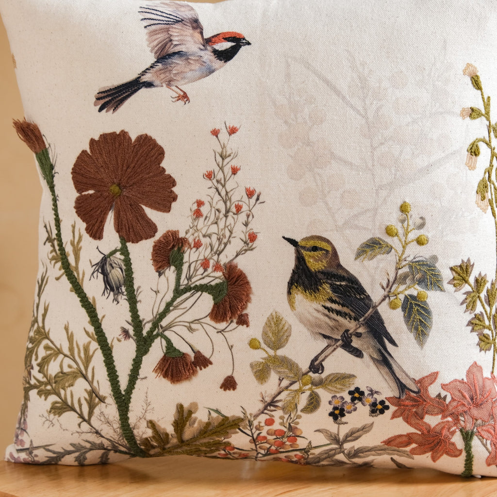 Serene Songbird Embroidered Cotton Cushion Cover 40x40cm Nestasia