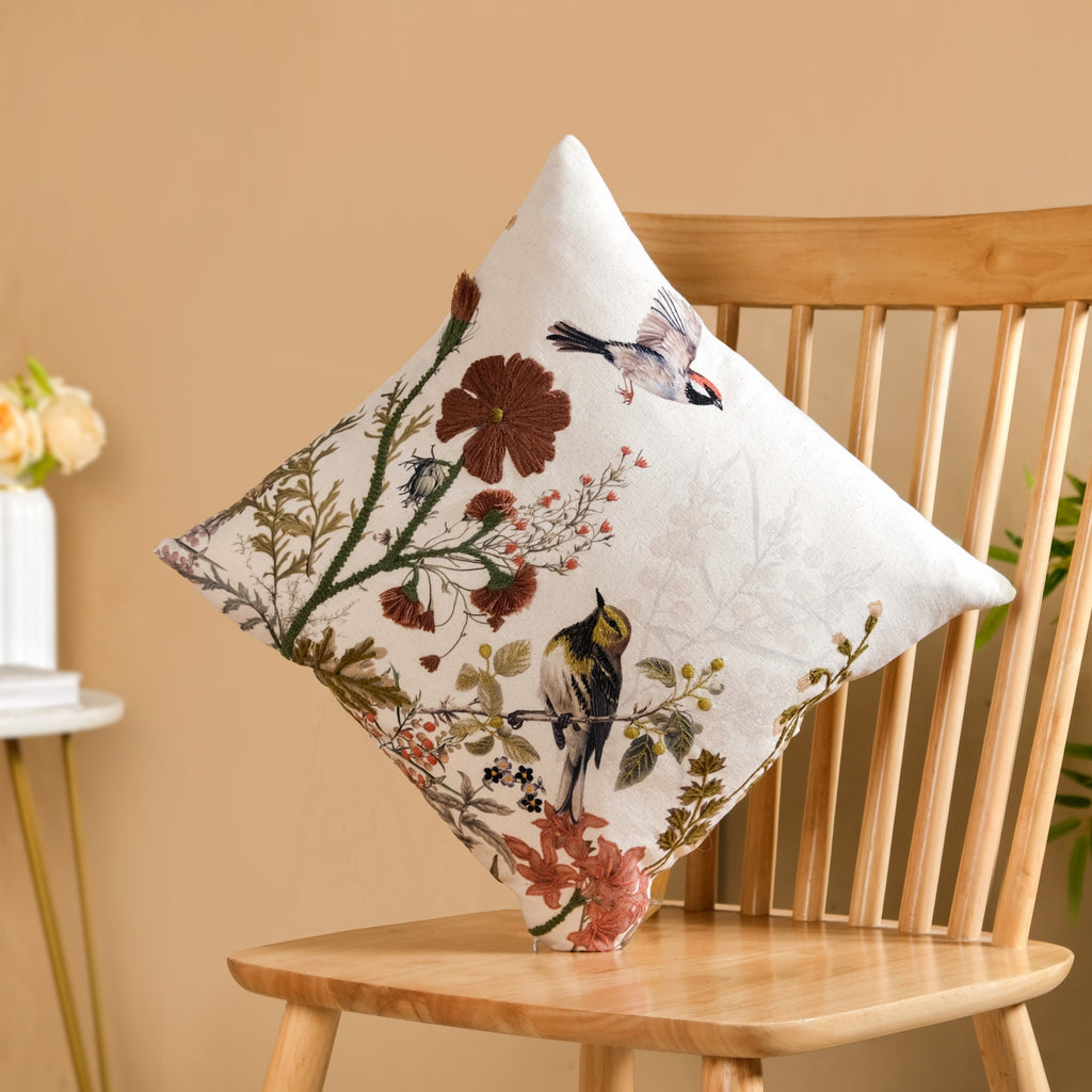 Serene Songbird Embroidered Cotton Cushion Cover 40x40cm Nestasia