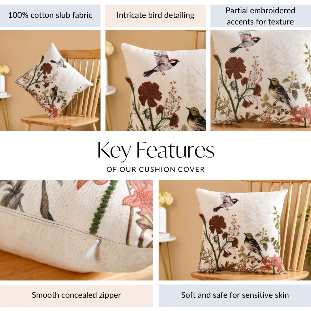 Serene Songbird Embroidered Cotton Cushion Cover 40x40cm Nestasia