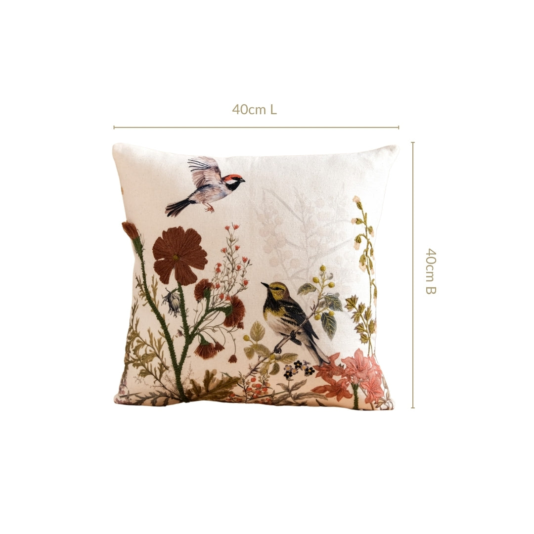 Serene Songbird Embroidered Cotton Cushion Cover 40x40cm Nestasia