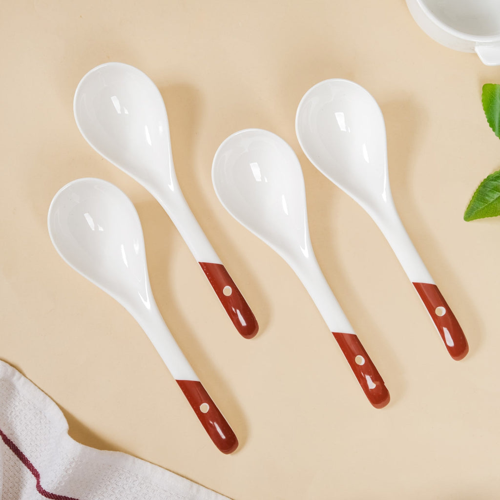 Set Of 4 Ceramic Serving Spoons White And Brown Nestasia