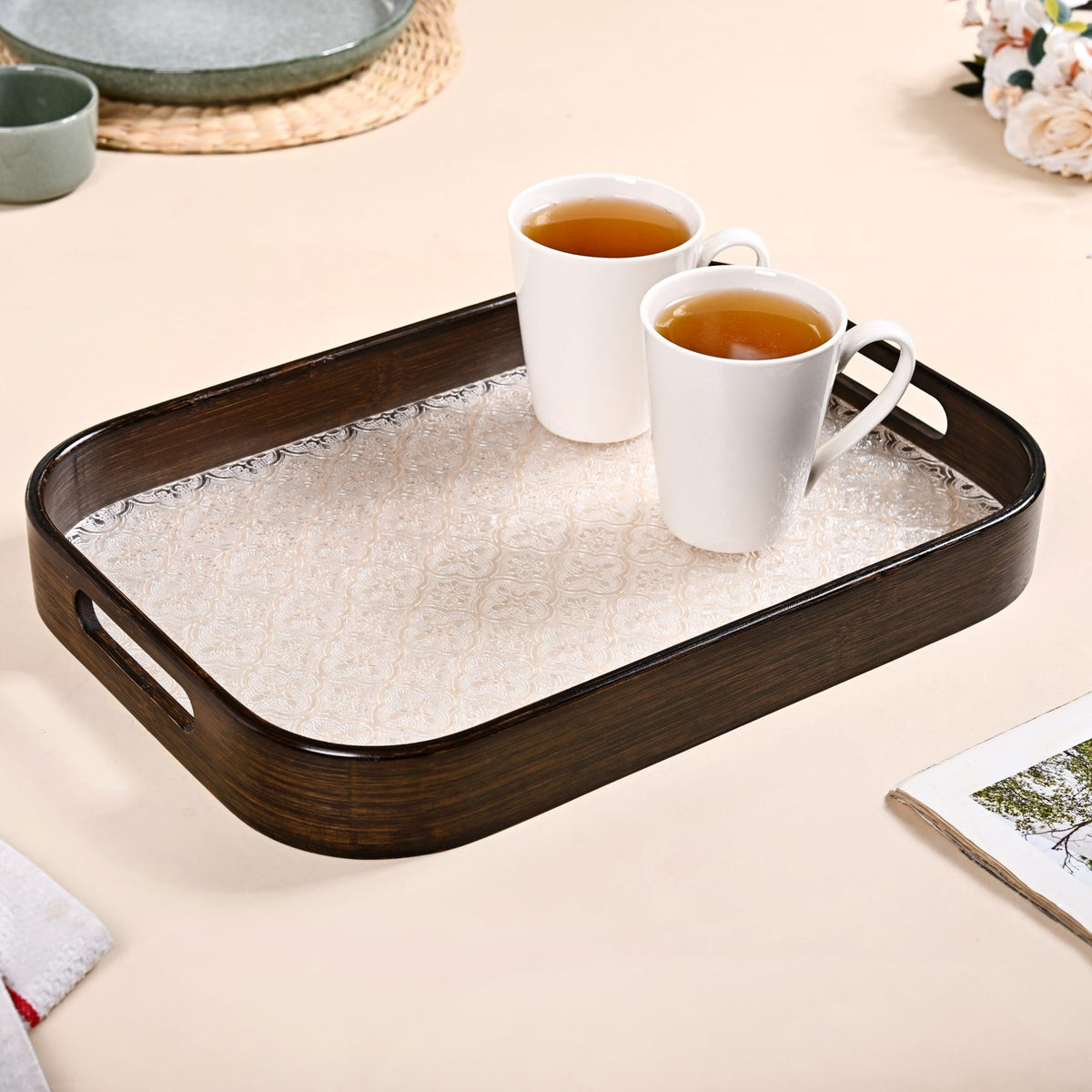 Embossed Serving Tray With Bamboo Wood Frame Nestasia