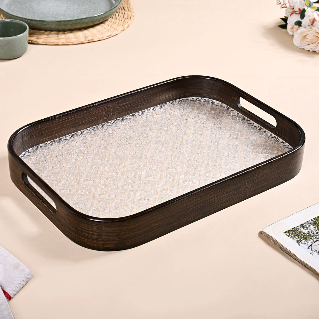 Embossed Serving Tray With Bamboo Wood Frame Nestasia