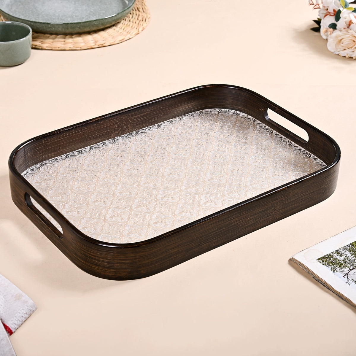 Embossed Serving Tray With Bamboo Wood Frame Nestasia