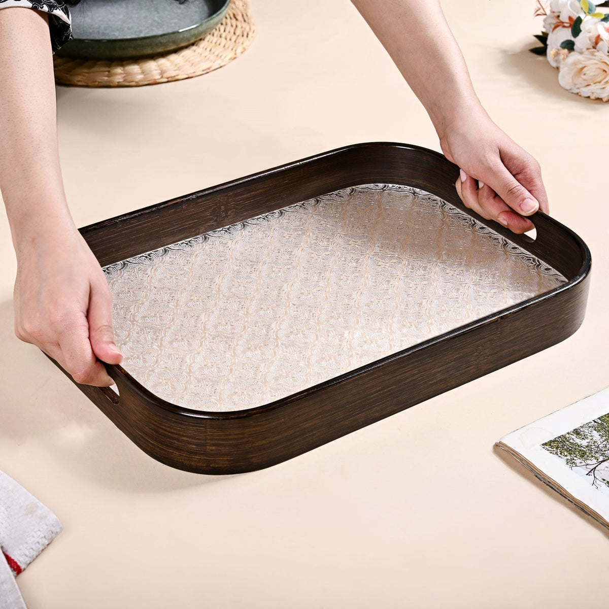 Embossed Serving Tray With Bamboo Wood Frame Nestasia