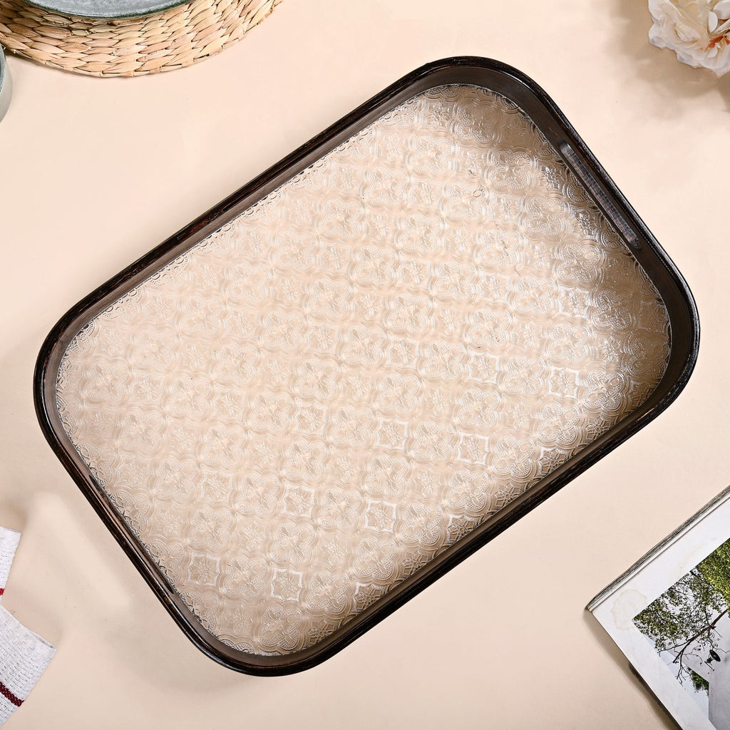 Embossed Serving Tray With Bamboo Wood Frame Nestasia