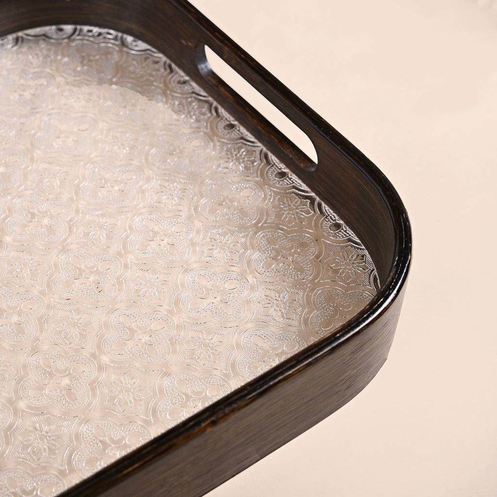 Embossed Serving Tray With Bamboo Wood Frame Nestasia