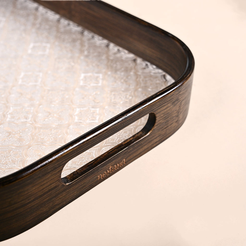 Embossed Serving Tray With Bamboo Wood Frame Nestasia