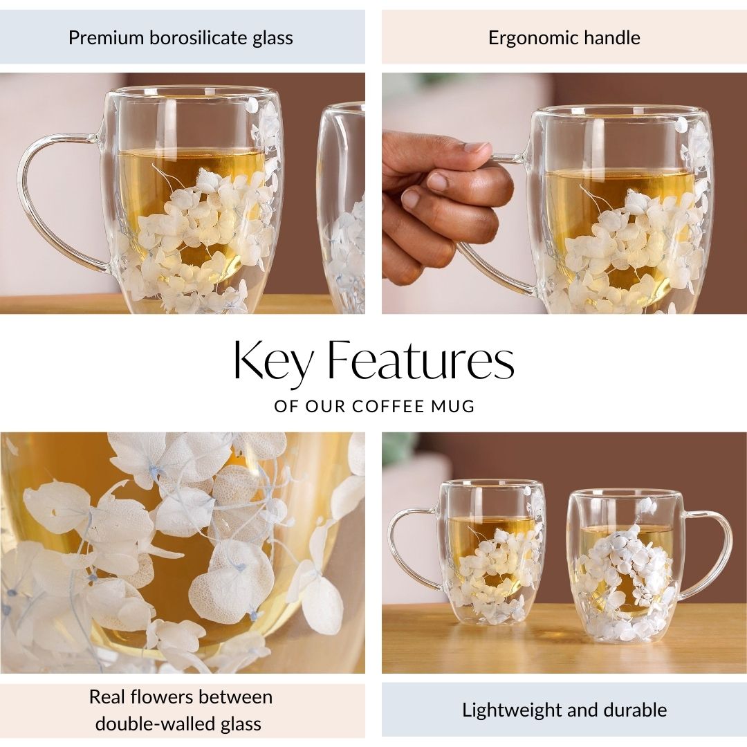 Set Of 2 Double Walled Flower Coffee Mug Blue 350ml Nestasia