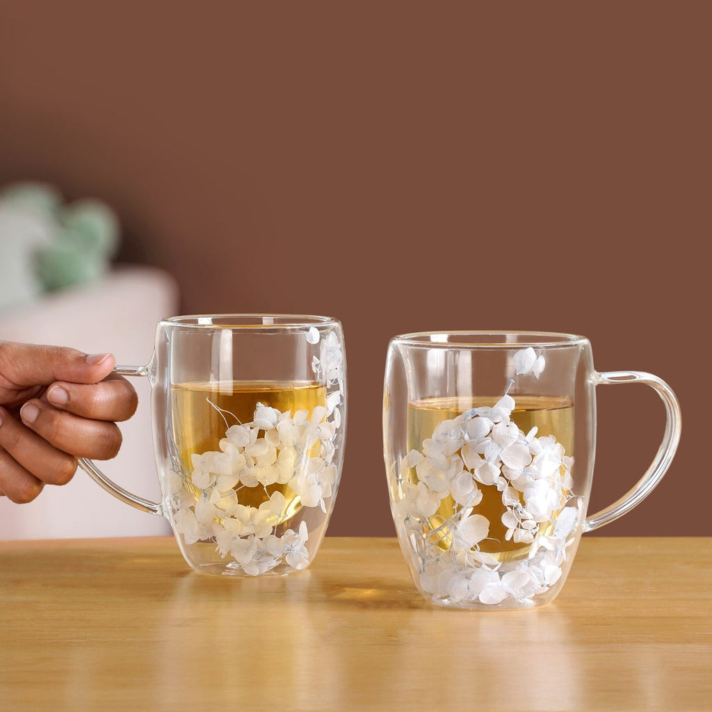 Set Of 2 Double Walled Flower Coffee Mug Blue 350ml Nestasia