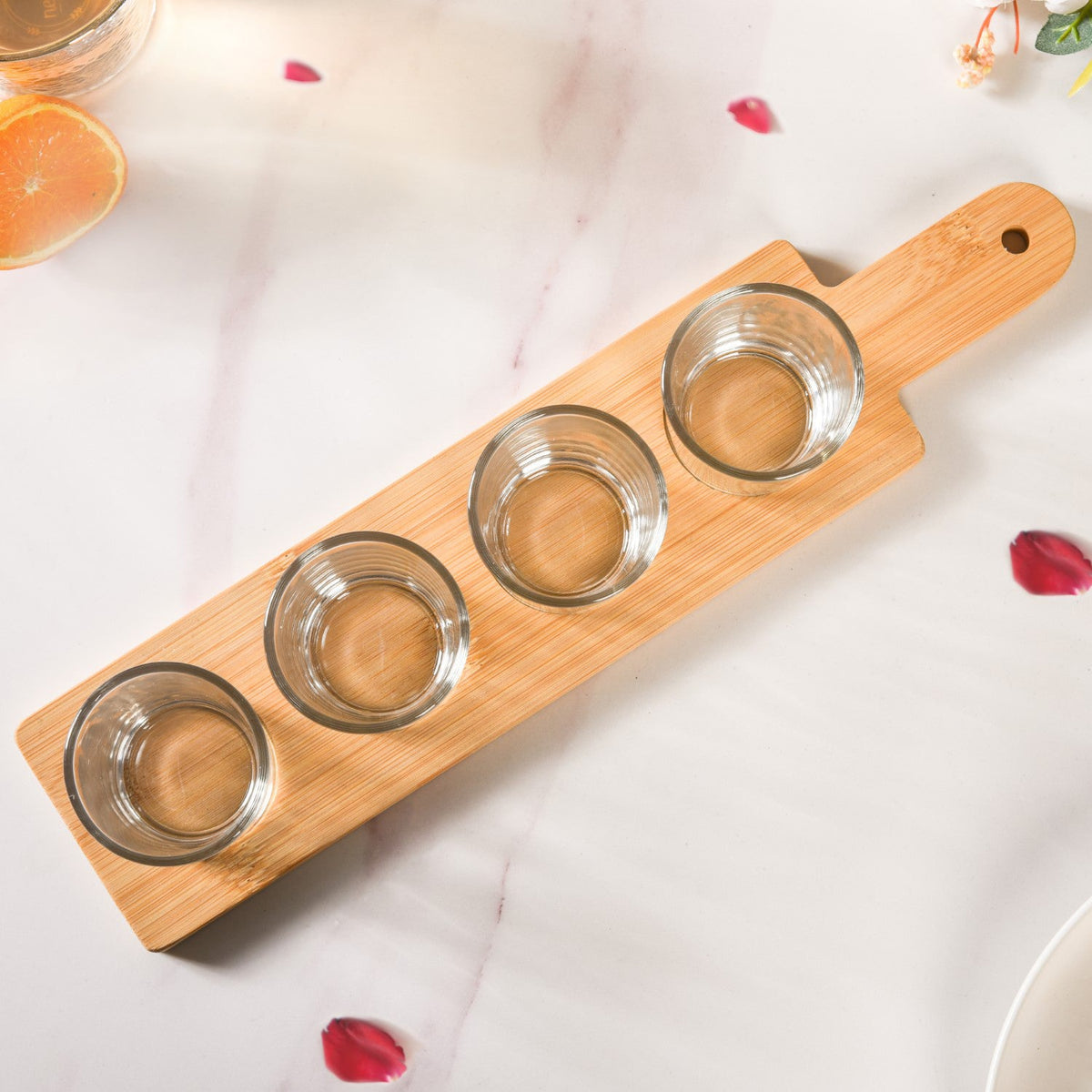 Set Of 4 Shot Glasses With Wooden Tray 100ml Nestasia