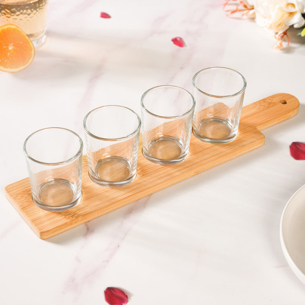 Set Of 4 Shot Glasses With Wooden Tray 100ml Nestasia