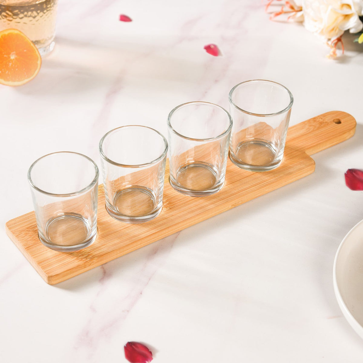 Set Of 4 Shot Glasses With Wooden Tray 100ml Nestasia