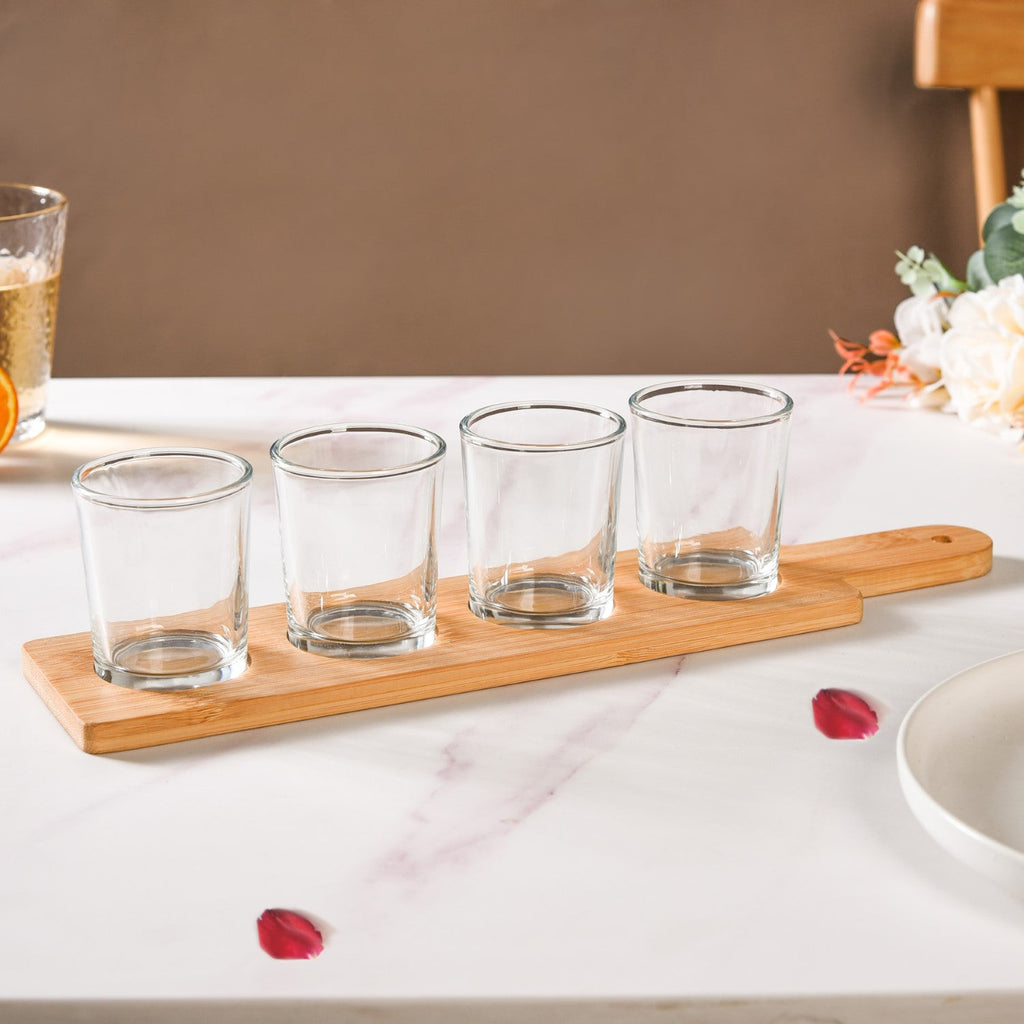 Set Of 4 Shot Glasses With Wooden Tray 100ml Nestasia