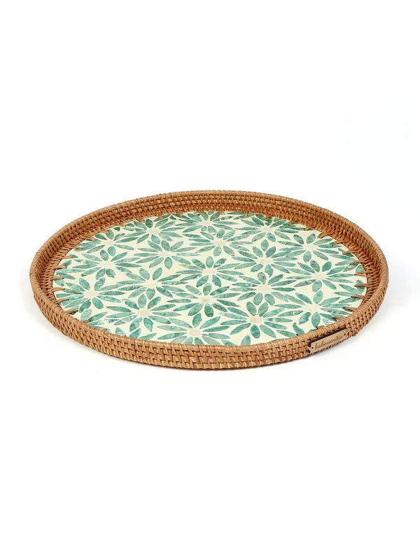 Decorative Round Cane Tray with Tropical Mosaic for Serving, Gifting, and Home Decor