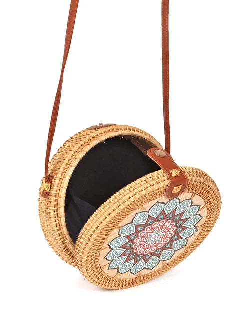Handwoven Round Rattan Sling Bag for Beach, Travel, and Casual Outfits