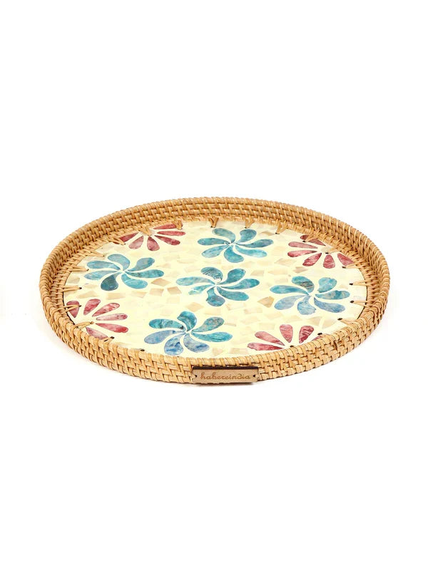 Handwoven Round Cane Tray with Colorful Flower Mosaic for Serving and Decorative Use
