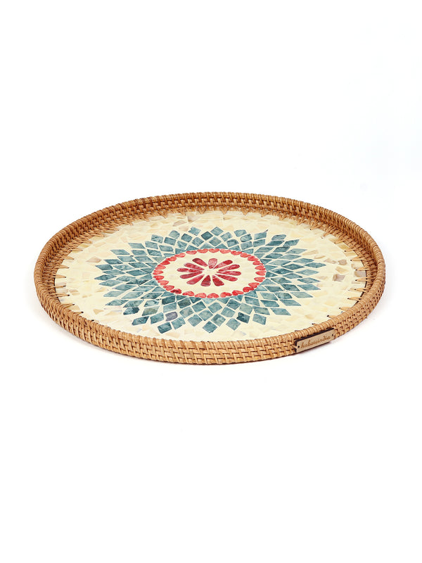 Rustic Handmade Round Cane Tray with Rangoli Mosaic for Stylish Serving and Display