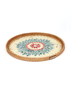 Rustic Handmade Round Cane Tray with Rangoli Mosaic for Stylish Serving and Display